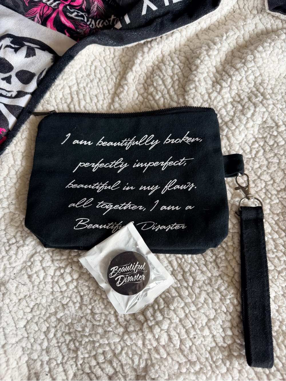 Beautiful Disaster Black Canvas Wristlet Makeup Bag with Quote/ RARE Pop Socket
